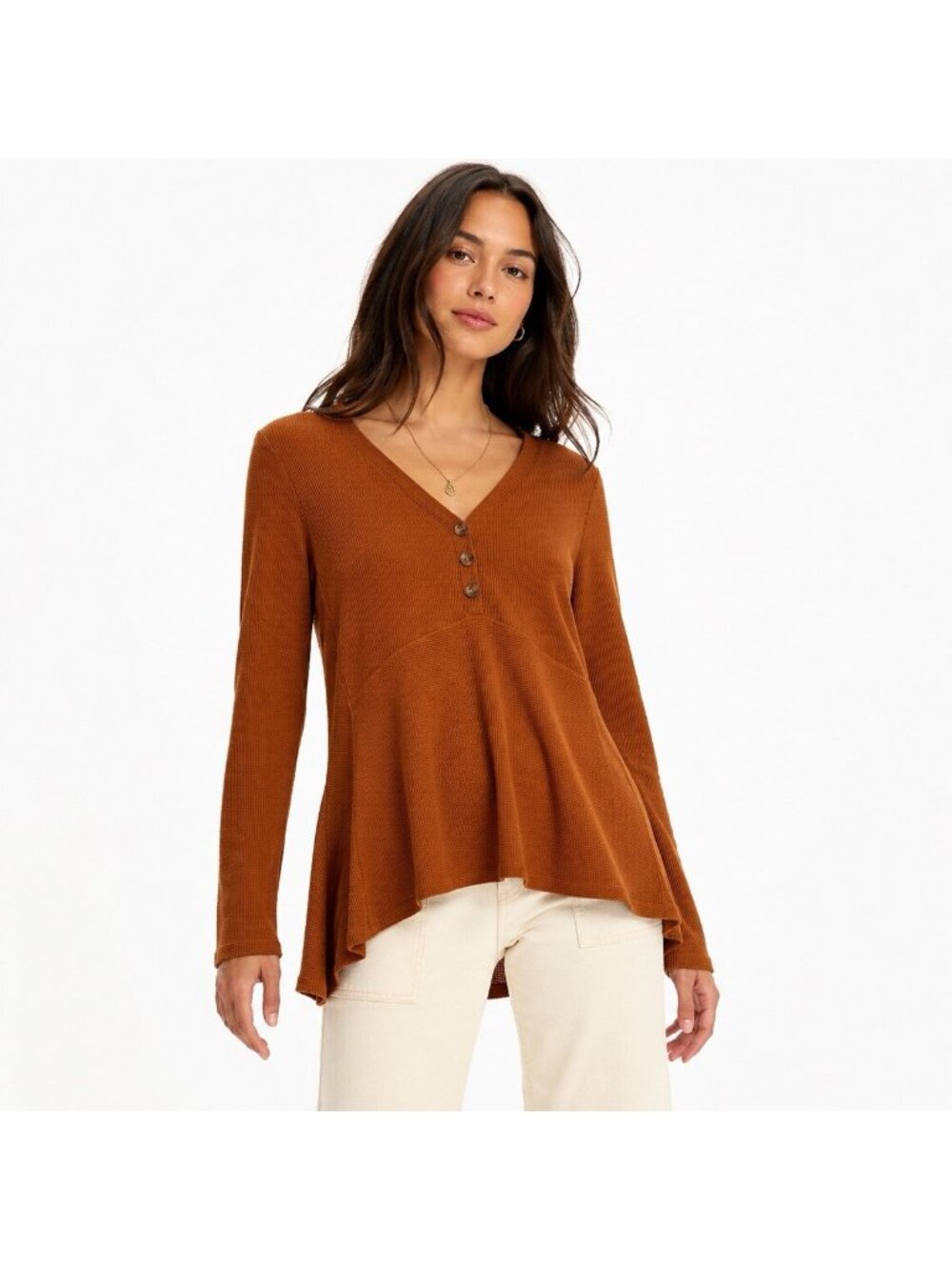 MAEVE ANTHROPOLOGIE tunic top thermal waffle knit brown SMALL comfy casual